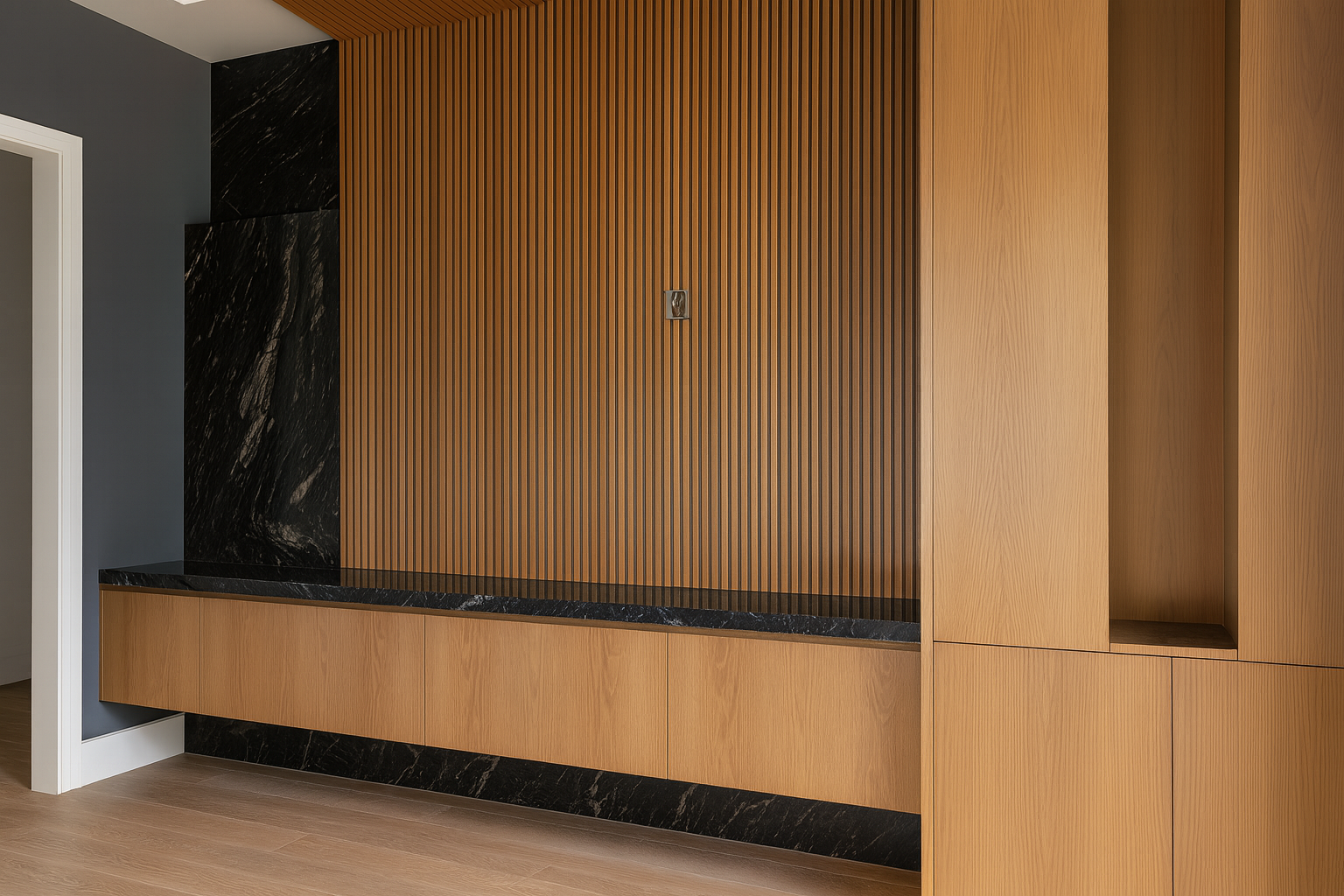 Oak cabinetry with wood slats